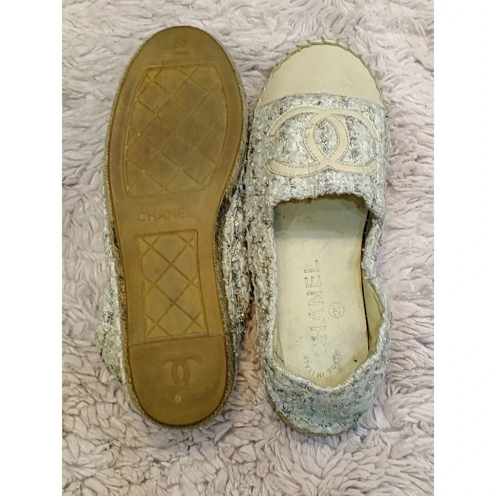 Chanel Multi Color Tweed Leather CC‎ Logo Espadrilles Cream Flats Size 38 Italy